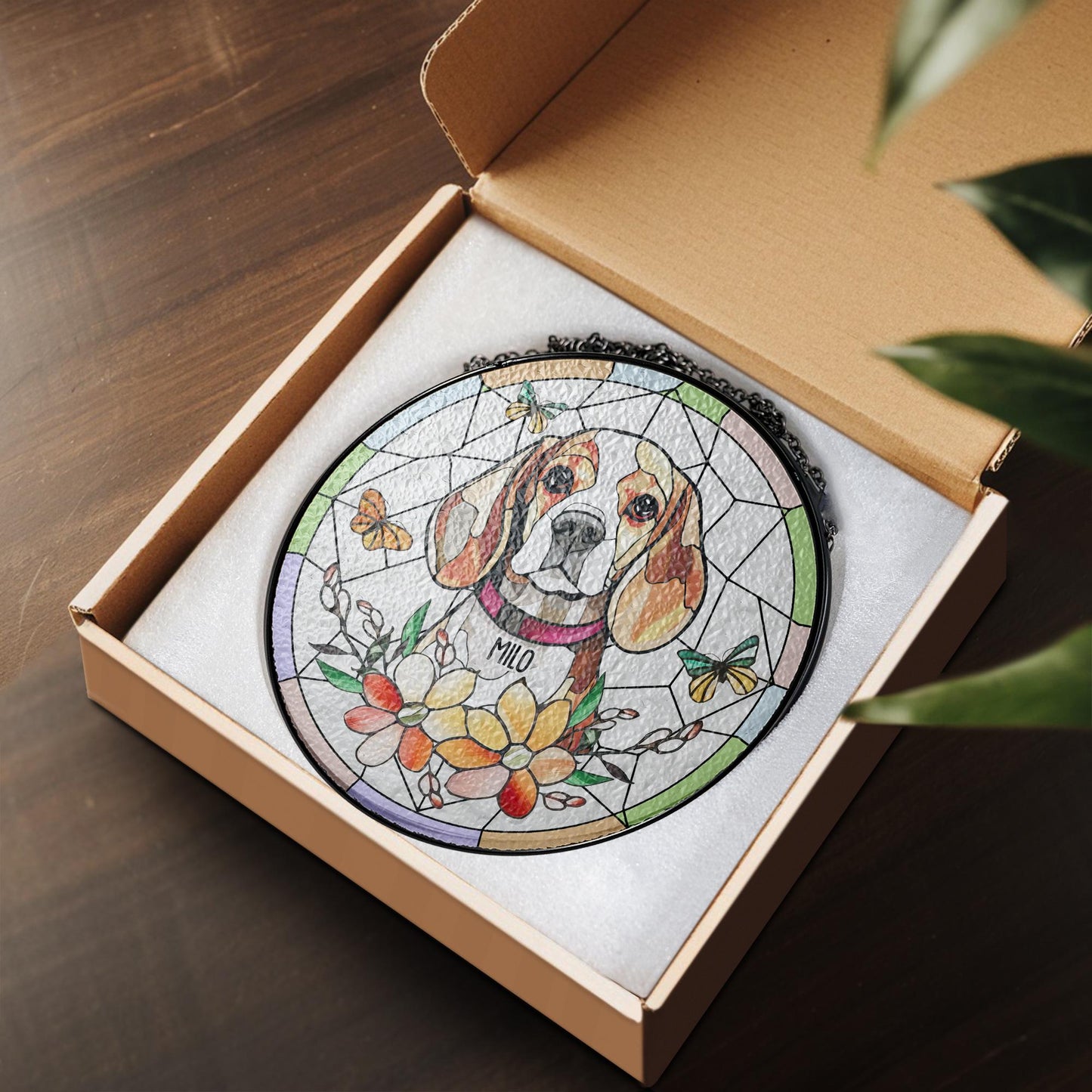 Custom Pet Memorial Glass Suncatcher, Personalized Tribute Gift, Angel Wings Portrait, Floral Sun Catcher, In Loving Memory Art - product image 6