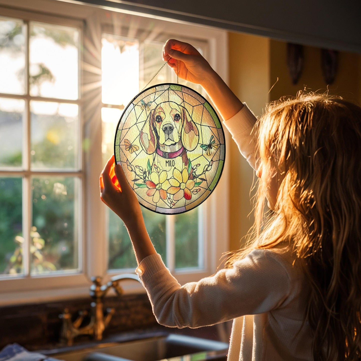 Custom Pet Memorial Glass Suncatcher, Personalized Tribute Gift, Angel Wings Portrait, Floral Sun Catcher, In Loving Memory Art - product image 5