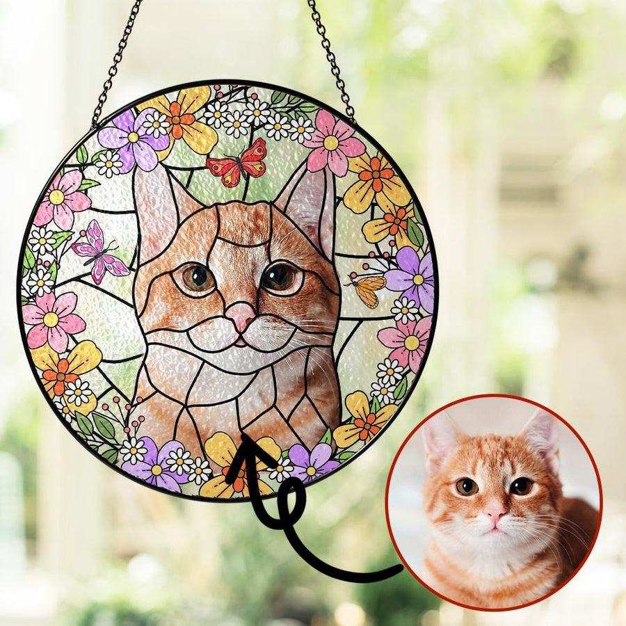 Custom Cat Portrait Stained Glass Suncatcher, Personalized Cat Mom Gift, Faux Glass Window Hanging, Pet Loss Memorial - main product image
