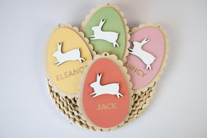 Personalized Easter Basket Tag – Birch Wood Egg with Bunny, Custom Kids Name Tag, Holiday Favor, Easter Gift, Spring Basket Decoration - main product image