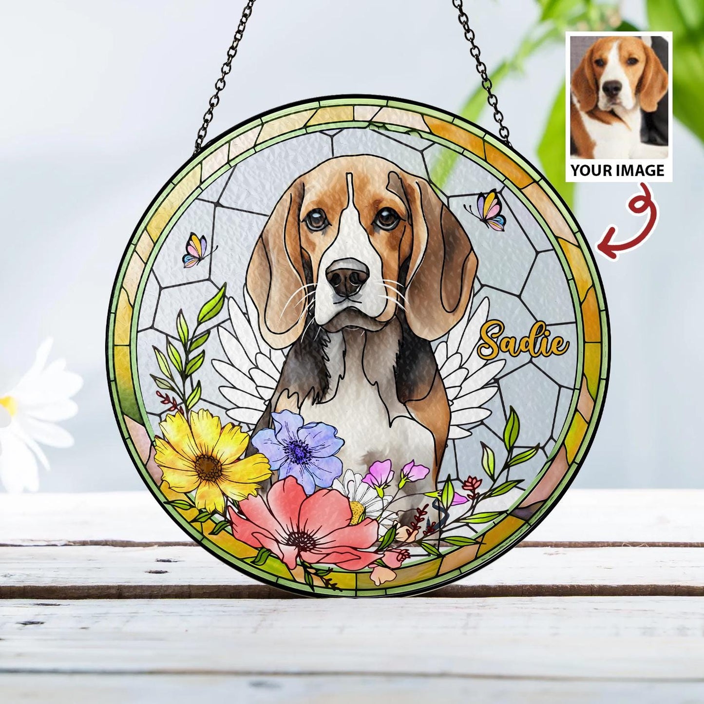Personalized Dog Portrait Stained Glass Suncatcher, Custom Pet Memorial Stained Glass Photo Suncatcher, Dog Loss Keepsake, Pet Loss Gift - main product image