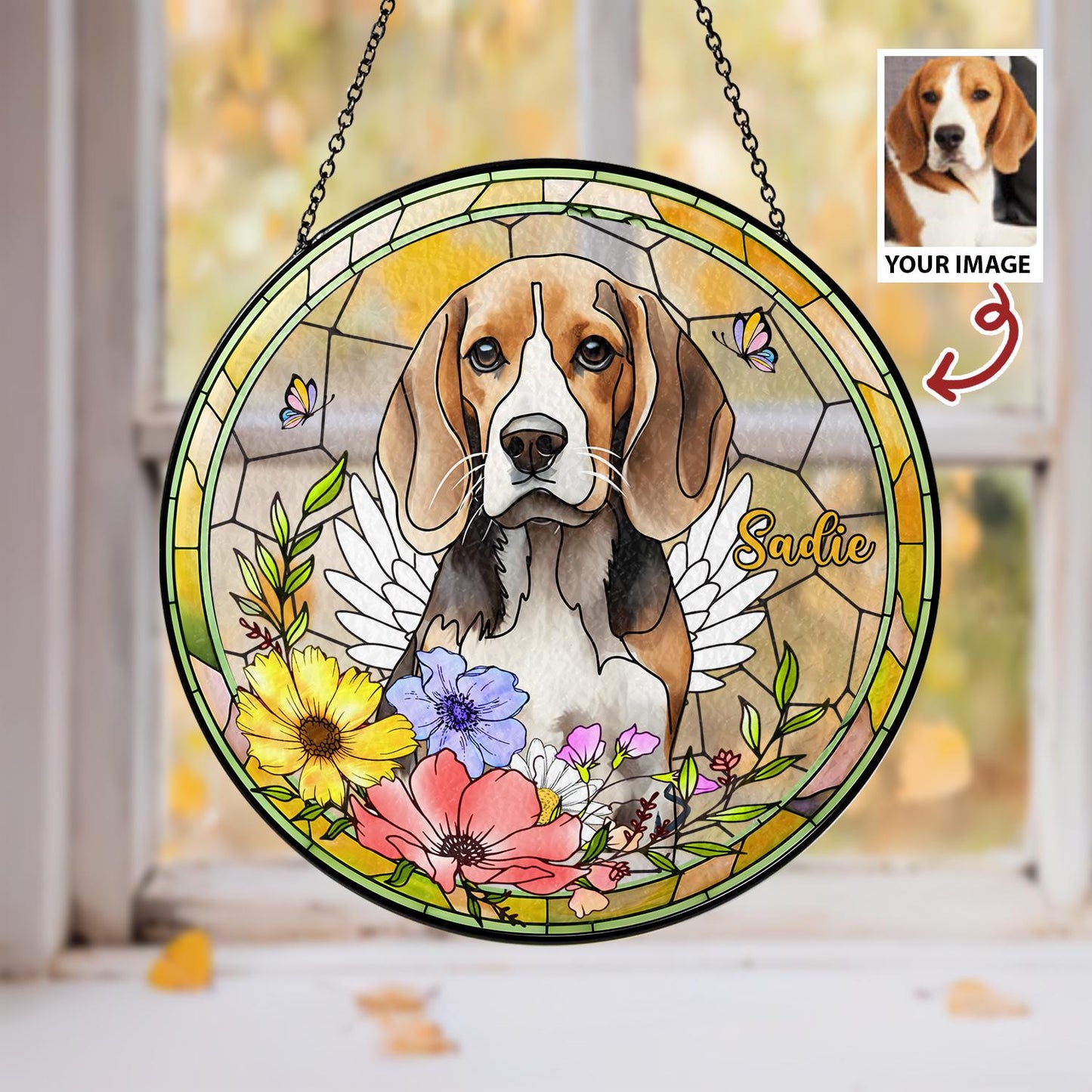 Personalized Dog Portrait Stained Glass Suncatcher, Custom Pet Memorial Stained Glass Photo Suncatcher, Dog Loss Keepsake, Pet Loss Gift - product image 4