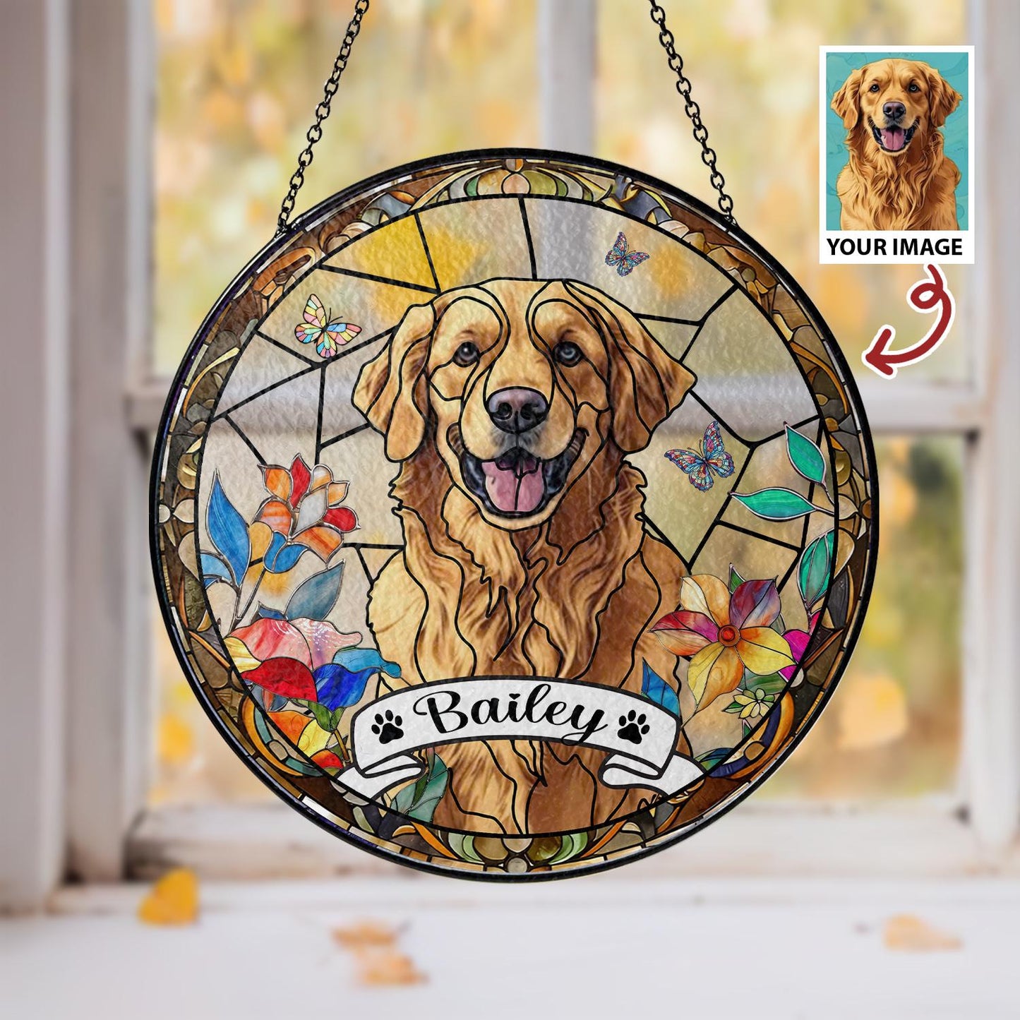 Personalized Dog Portrait Stained Glass Suncatcher, Custom Pet Memorial Stained Glass Photo Suncatcher, Dog Loss Keepsake, Pet Loss Gift - product image 2