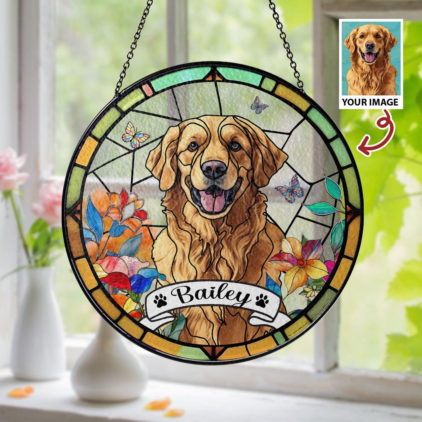 Personalized Dog Portrait Stained Glass Suncatcher, Custom Pet Memorial Stained Glass Photo Suncatcher, Dog Loss Keepsake, Pet Loss Gift - product image 3