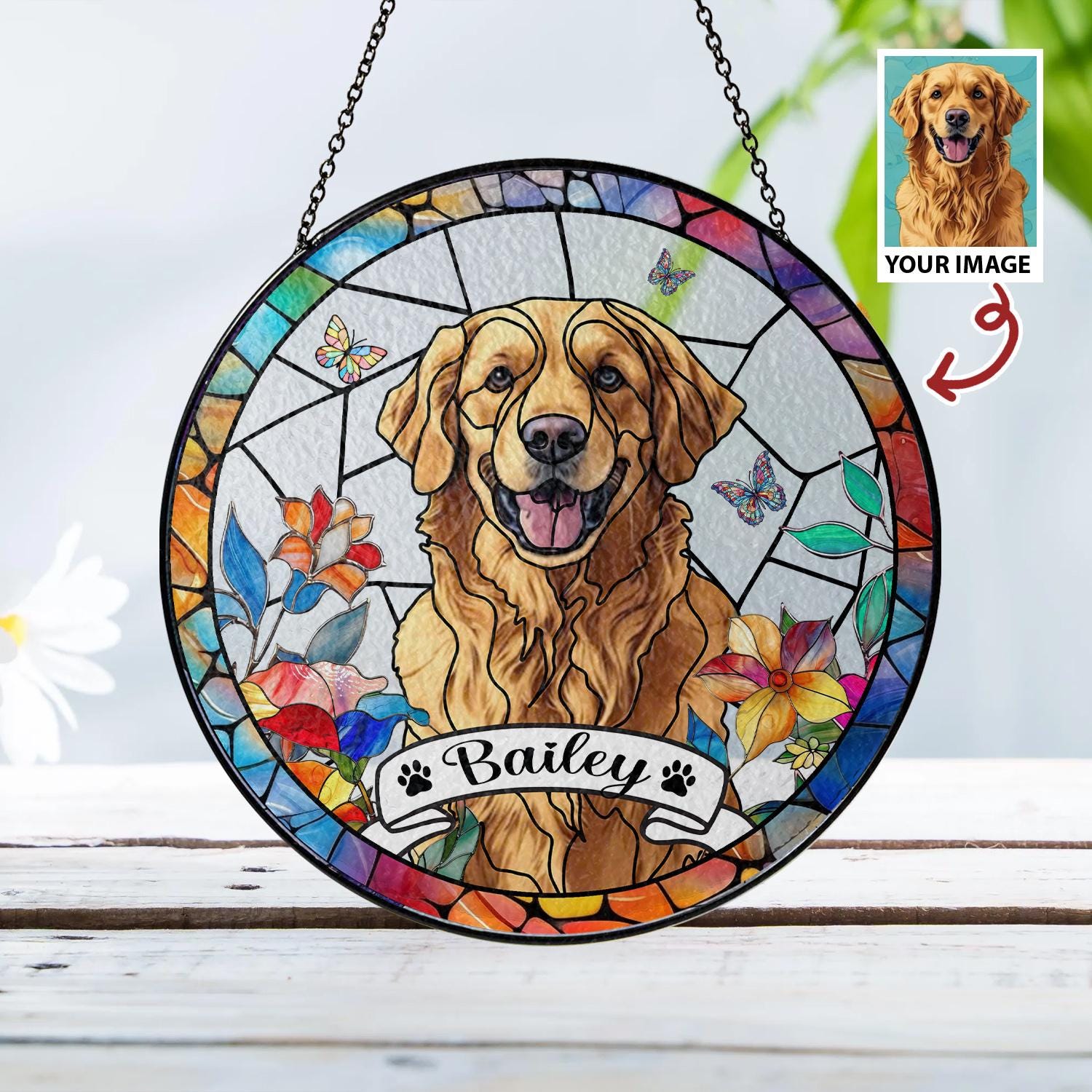 Personalized Dog Portrait Stained Glass Suncatcher, Custom Pet Memorial Stained Glass Photo Suncatcher, Dog Loss Keepsake, Pet Loss Gift - product image 6