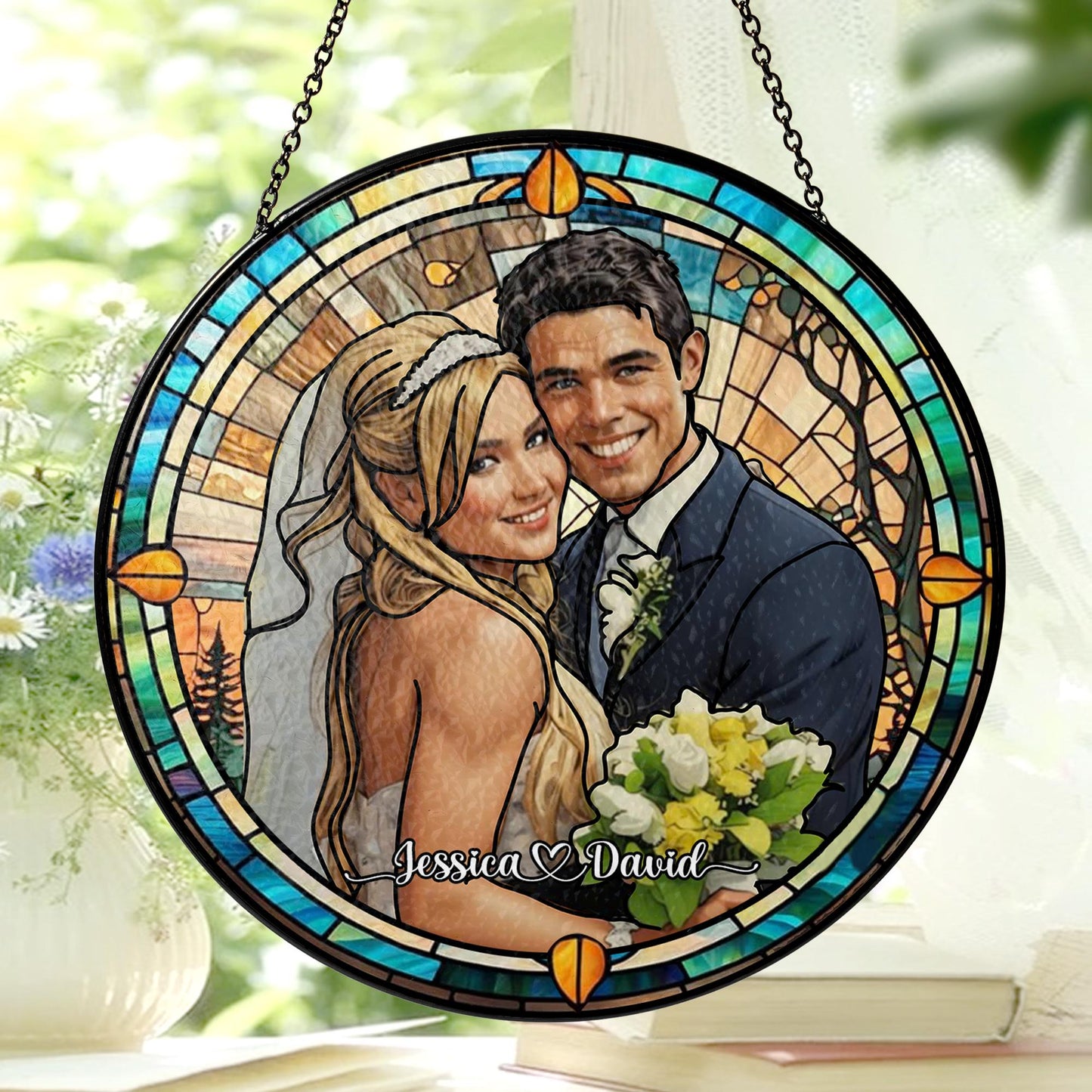 Custom Photo Name Wedding Suncatcher Glass, Personalized Couple Portrait Keepsake, Unique Anniversary or Bridal Gift, Stained Glass Window - product image 2
