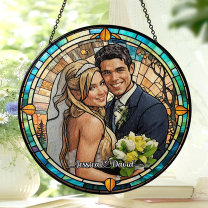 Custom Photo Name Wedding Suncatcher Glass, Personalized Couple Portrait Keepsake, Unique Anniversary or Bridal Gift, Stained Glass Window - product image 2