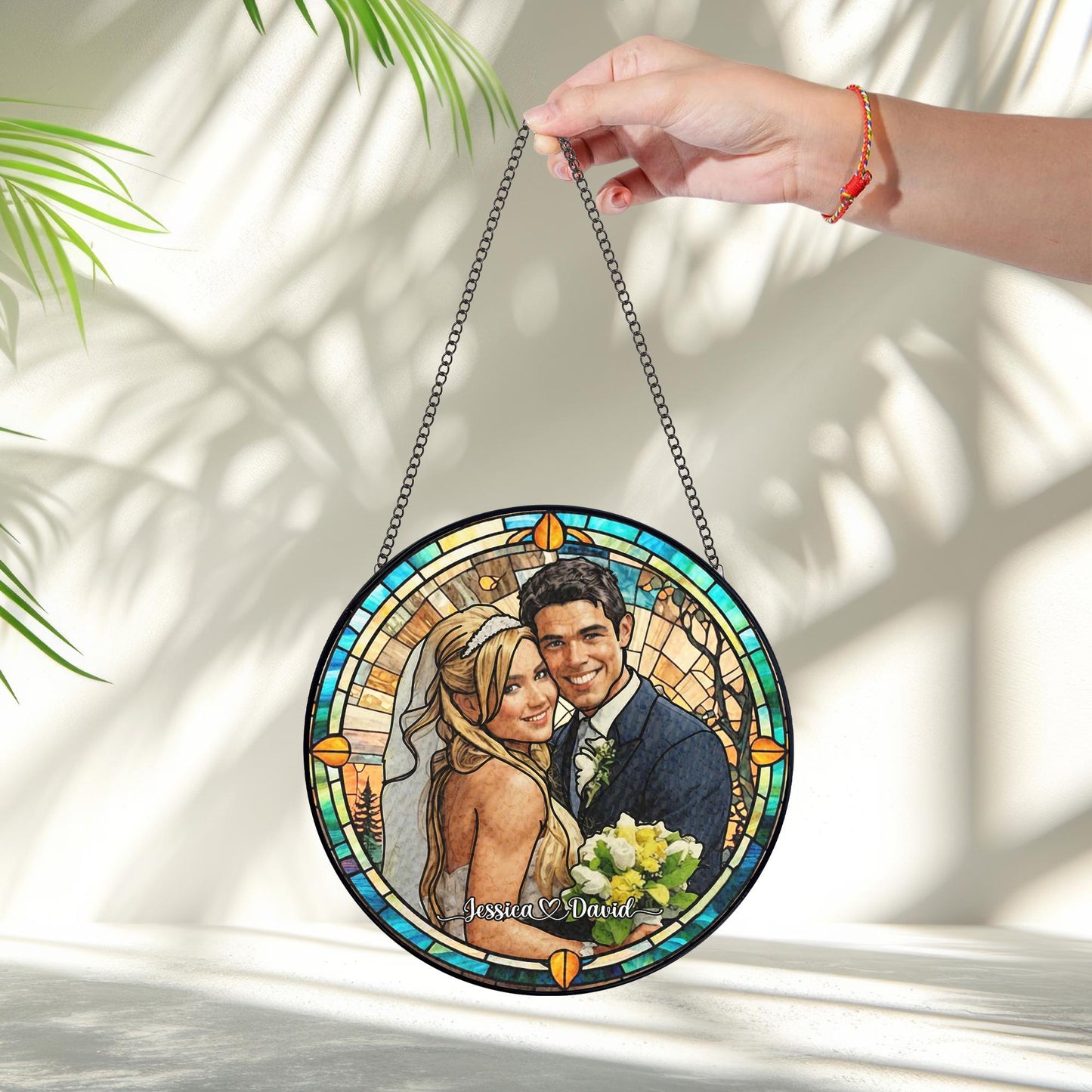 Custom Photo Name Wedding Suncatcher Glass, Personalized Couple Portrait Keepsake, Unique Anniversary or Bridal Gift, Stained Glass Window - product image 4