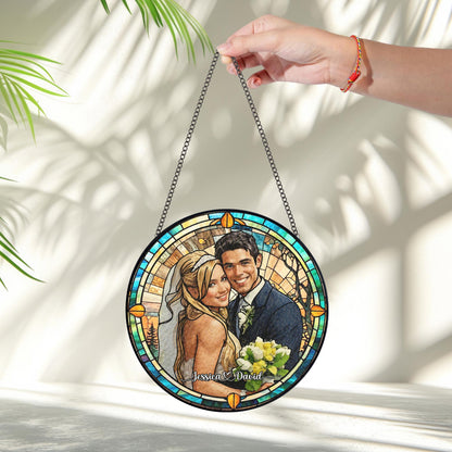 Custom Photo Name Wedding Suncatcher Glass, Personalized Couple Portrait Keepsake, Unique Anniversary or Bridal Gift, Stained Glass Window - product image 4