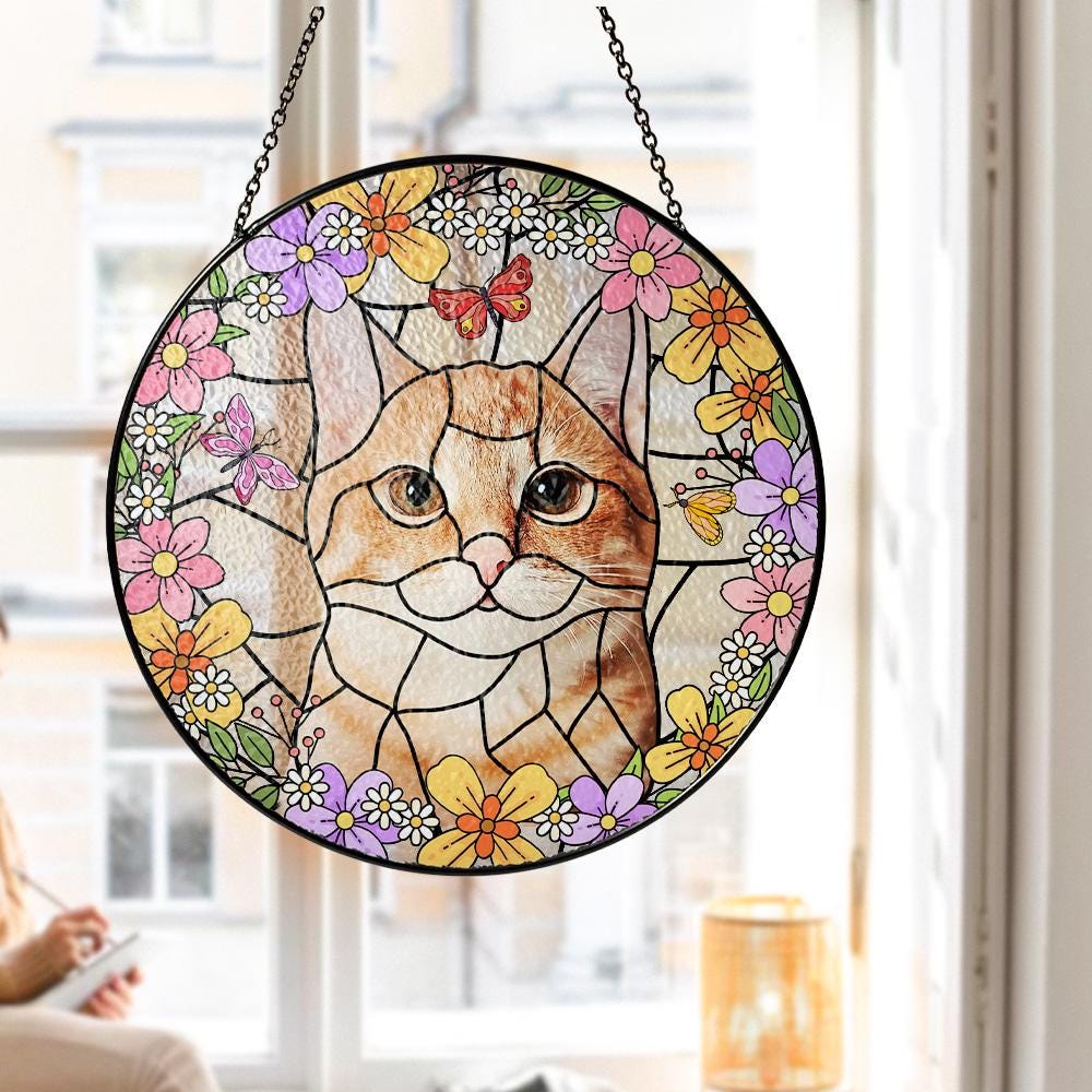 Custom Cat Portrait Stained Glass Suncatcher, Personalized Cat Mom Gift, Faux Glass Window Hanging, Pet Loss Memorial - product image 5