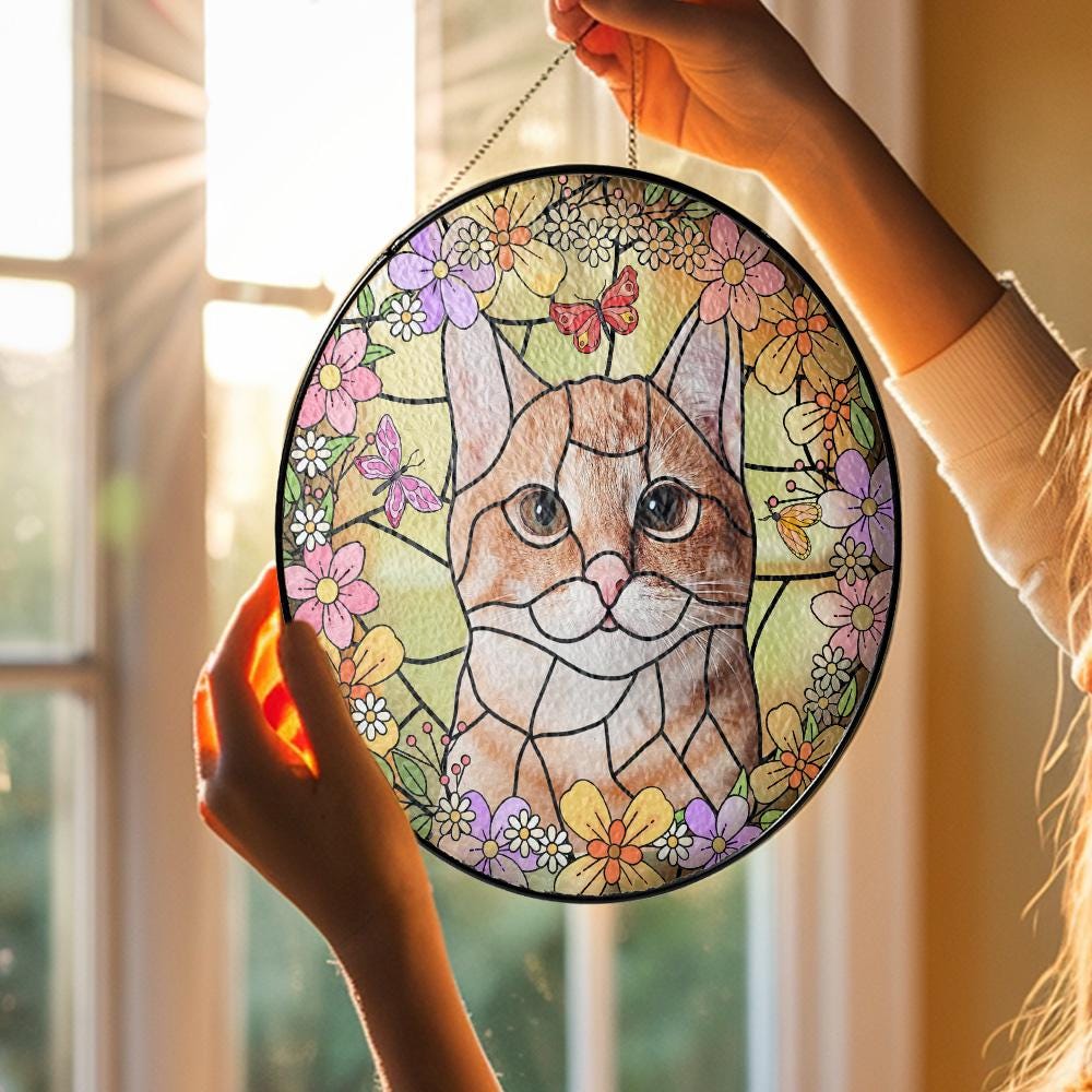 Custom Cat Portrait Stained Glass Suncatcher, Personalized Cat Mom Gift, Faux Glass Window Hanging, Pet Loss Memorial - product image 7