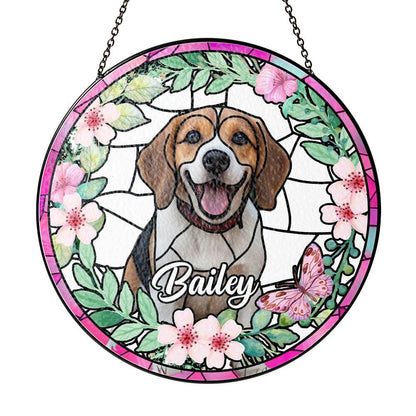 Custom Pet Photo Glass Suncatcher, Personalized Dog Lover Gift, Floral Sun Catcher, Stained Glass Style Window Decor, Unique Pet Art - product image 2