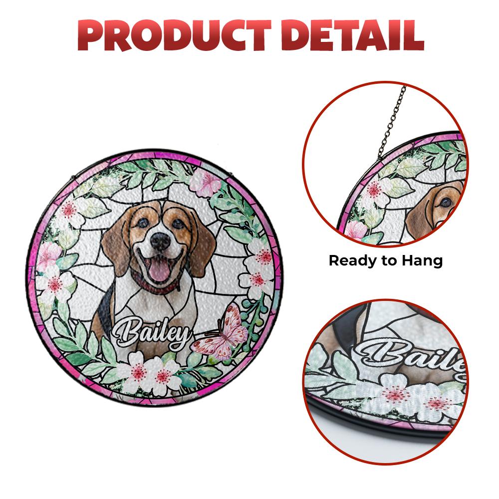 Custom Pet Photo Glass Suncatcher, Personalized Dog Lover Gift, Floral Sun Catcher, Stained Glass Style Window Decor, Unique Pet Art - product image 4