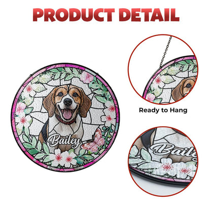 Custom Pet Photo Glass Suncatcher, Personalized Dog Lover Gift, Floral Sun Catcher, Stained Glass Style Window Decor, Unique Pet Art - product image 4