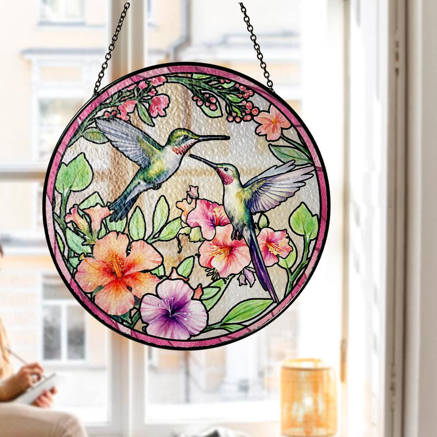 Hummingbird Suncatcher Glass Window Decor Floral Stained Glass Bird Sun Catcher Nature Home Decoration Unique Handmade Gift for Mom - main product image