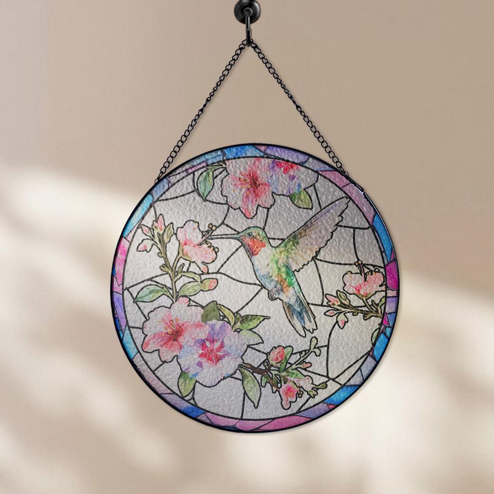 Hummingbird Suncatcher Glass Window Hanging, Stained Glass Style Bird Flower Decor, Sun Catcher Gift for Mom Birthday Memorial Garden Art - product image 3