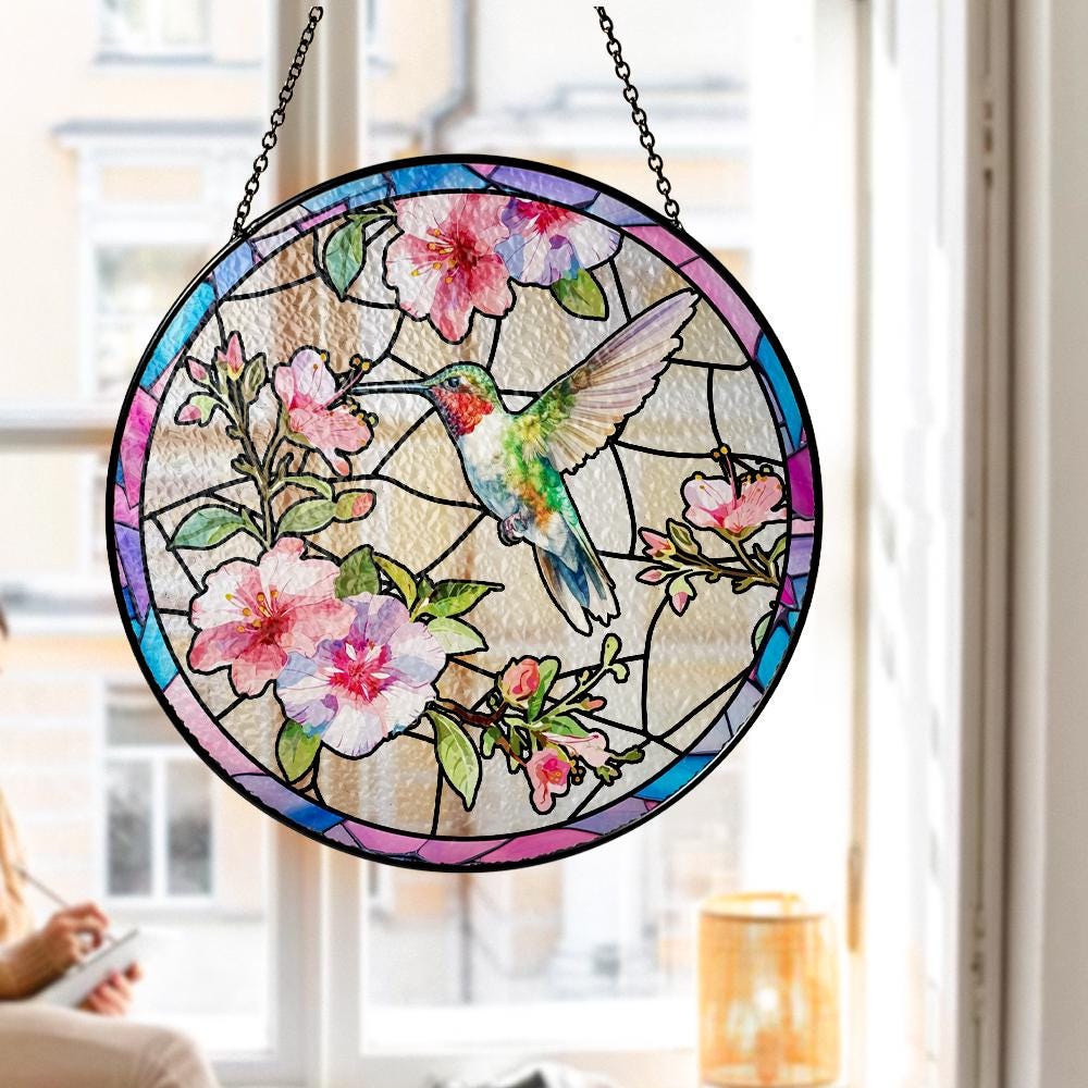 Hummingbird Suncatcher Glass Window Hanging, Stained Glass Style Bird Flower Decor, Sun Catcher Gift for Mom Birthday Memorial Garden Art - main product image