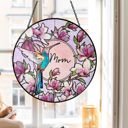 Hummingbird Floral Glass Suncatcher, Personalized Mom Gift, Magnolia Sun Catcher, Stained Glass Style Window Decor, Unique Mother’s Day Art - main product image