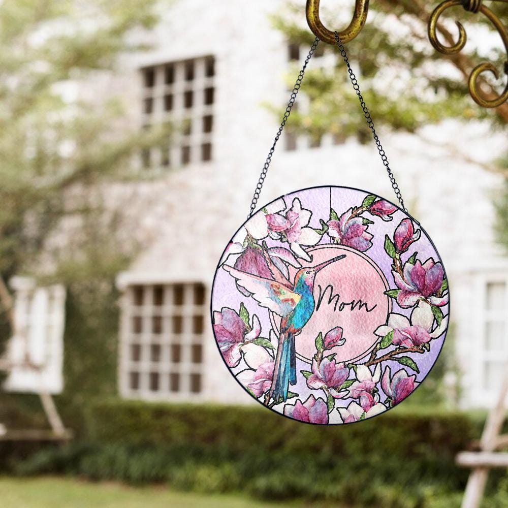 Hummingbird Floral Glass Suncatcher, Personalized Mom Gift, Magnolia Sun Catcher, Stained Glass Style Window Decor, Unique Mother’s Day Art - product image 9