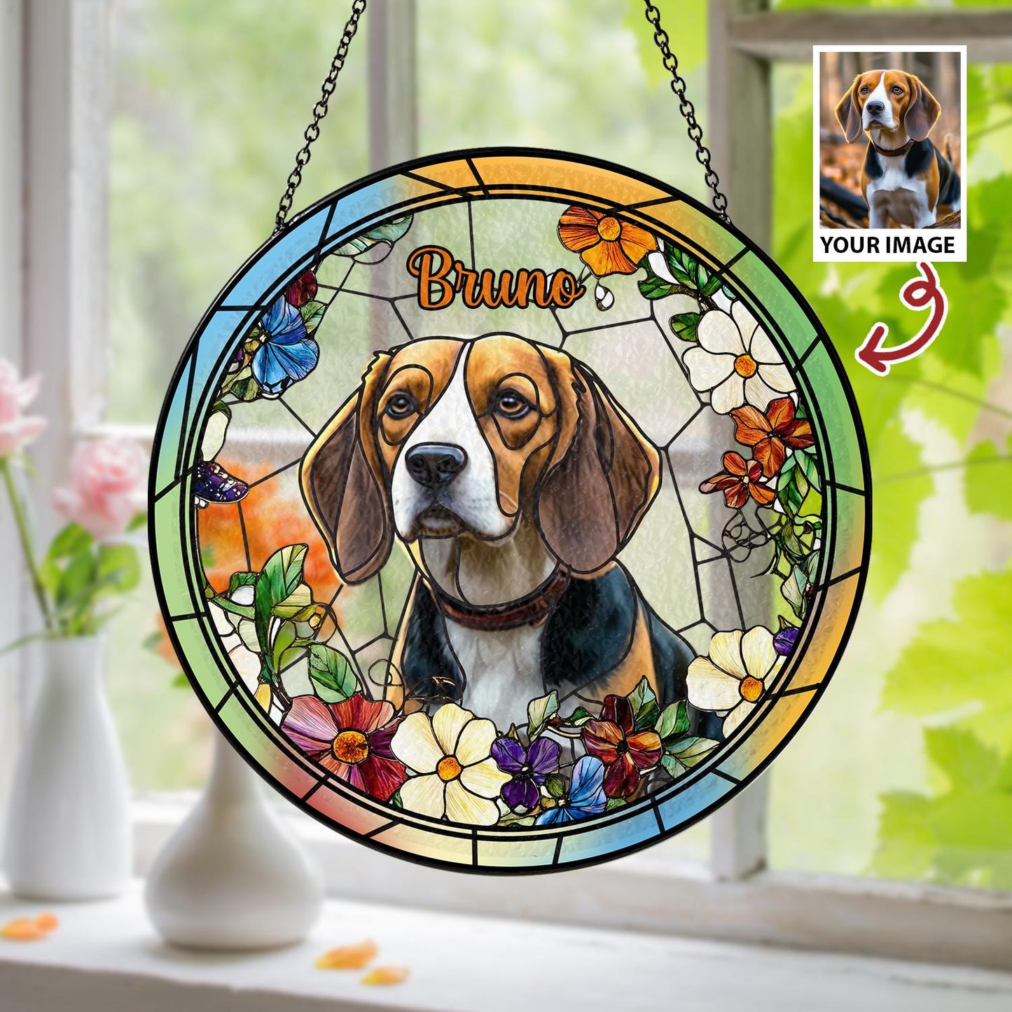 Custom Pet Photo Glass Suncatcher, Personalized Dog Lover Gift, Floral Sun Catcher, Stained Glass Style Window Decor, Unique Pet Art - product image 4