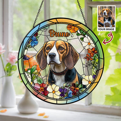 Custom Pet Photo Glass Suncatcher, Personalized Dog Lover Gift, Floral Sun Catcher, Stained Glass Style Window Decor, Unique Pet Art - product image 4