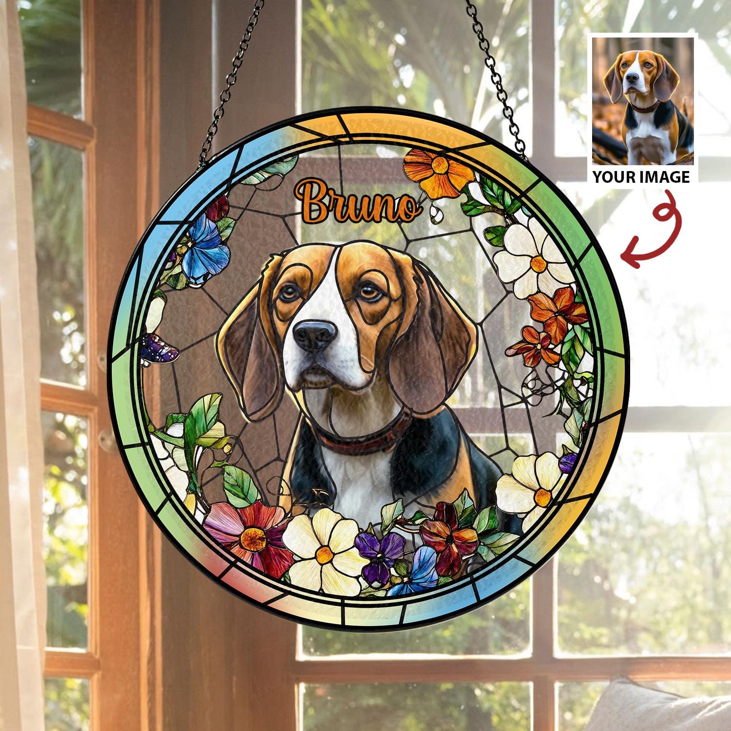 Custom Pet Photo Glass Suncatcher, Personalized Dog Lover Gift, Floral Sun Catcher, Stained Glass Style Window Decor, Unique Pet Art - product image 5