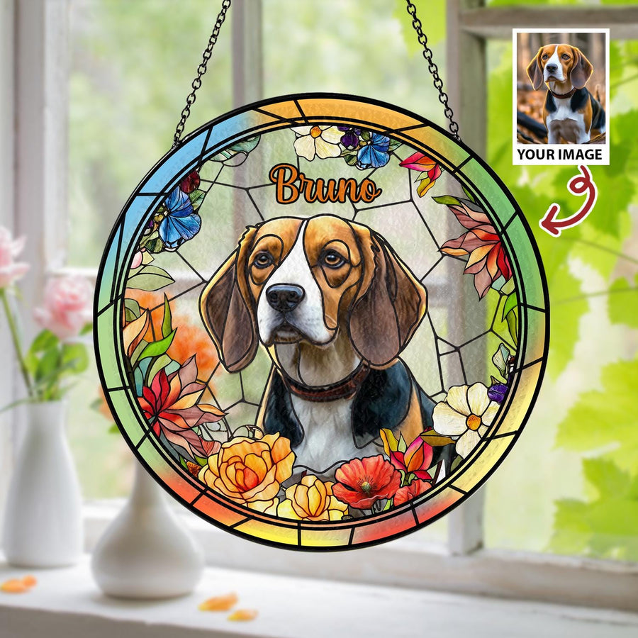 Custom Pet Photo Glass Suncatcher, Personalized Dog Lover Gift, Floral Sun Catcher, Stained Glass Style Window Decor, Unique Pet Art - main product image