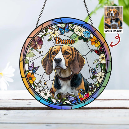 Custom Pet Photo Glass Suncatcher, Personalized Dog Lover Gift, Floral Sun Catcher, Stained Glass Style Window Decor, Unique Pet Art - product image 8