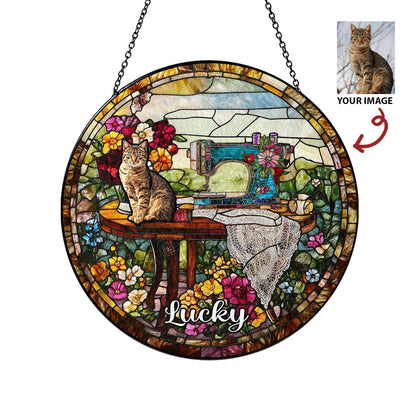 Custom Pet Photo Glass Suncatcher, Personalized Name Decor, Cat Portrait Gift, Vintage Sewing Sun Catcher, Unique Pet Memorial Art - product image 6