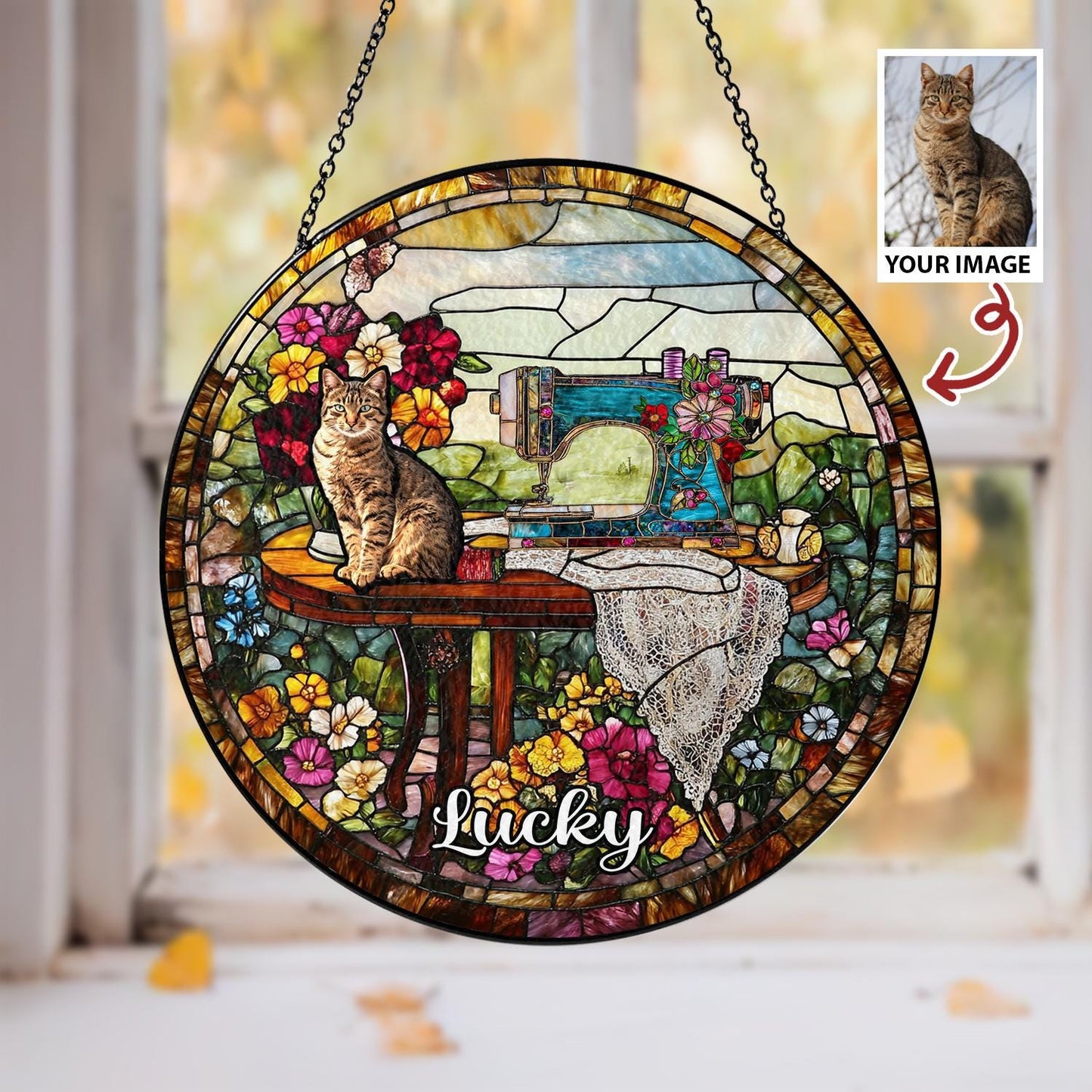 Custom Pet Photo Glass Suncatcher, Personalized Name Decor, Cat Portrait Gift, Vintage Sewing Sun Catcher, Unique Pet Memorial Art - product image 3