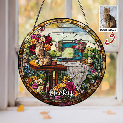 Custom Pet Photo Glass Suncatcher, Personalized Name Decor, Cat Portrait Gift, Vintage Sewing Sun Catcher, Unique Pet Memorial Art - product image 3