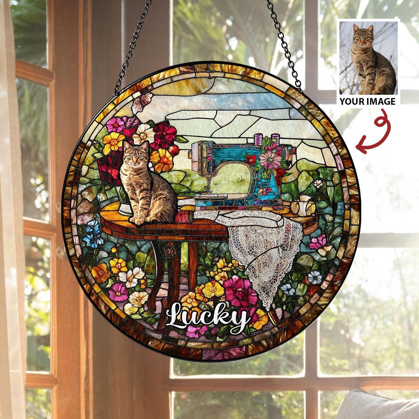 Custom Pet Photo Glass Suncatcher, Personalized Name Decor, Cat Portrait Gift, Vintage Sewing Sun Catcher, Unique Pet Memorial Art - product image 9