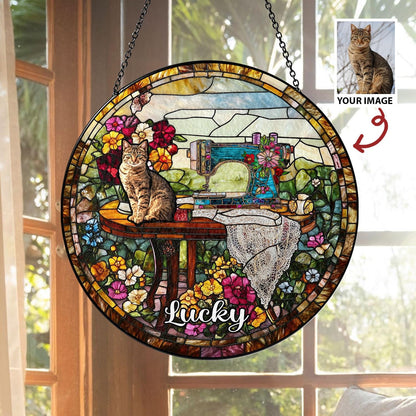 Custom Pet Photo Glass Suncatcher, Personalized Name Decor, Cat Portrait Gift, Vintage Sewing Sun Catcher, Unique Pet Memorial Art - product image 9
