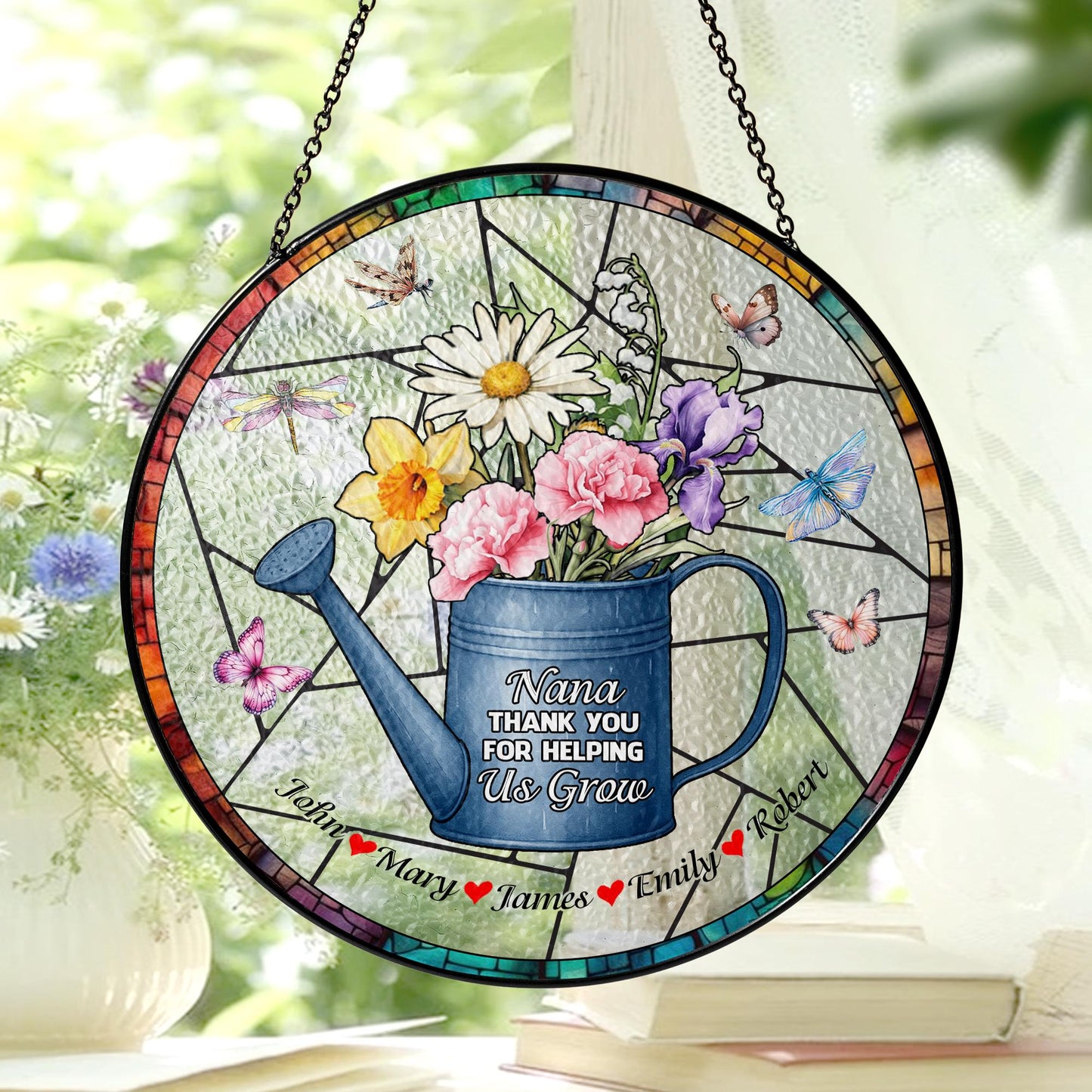 Nana Thank You For Helping Us Grow Suncatcher Glass Floral Gift Custom Names Grandma Garden Window Hanging Mothers Day Personalized Present - main product image