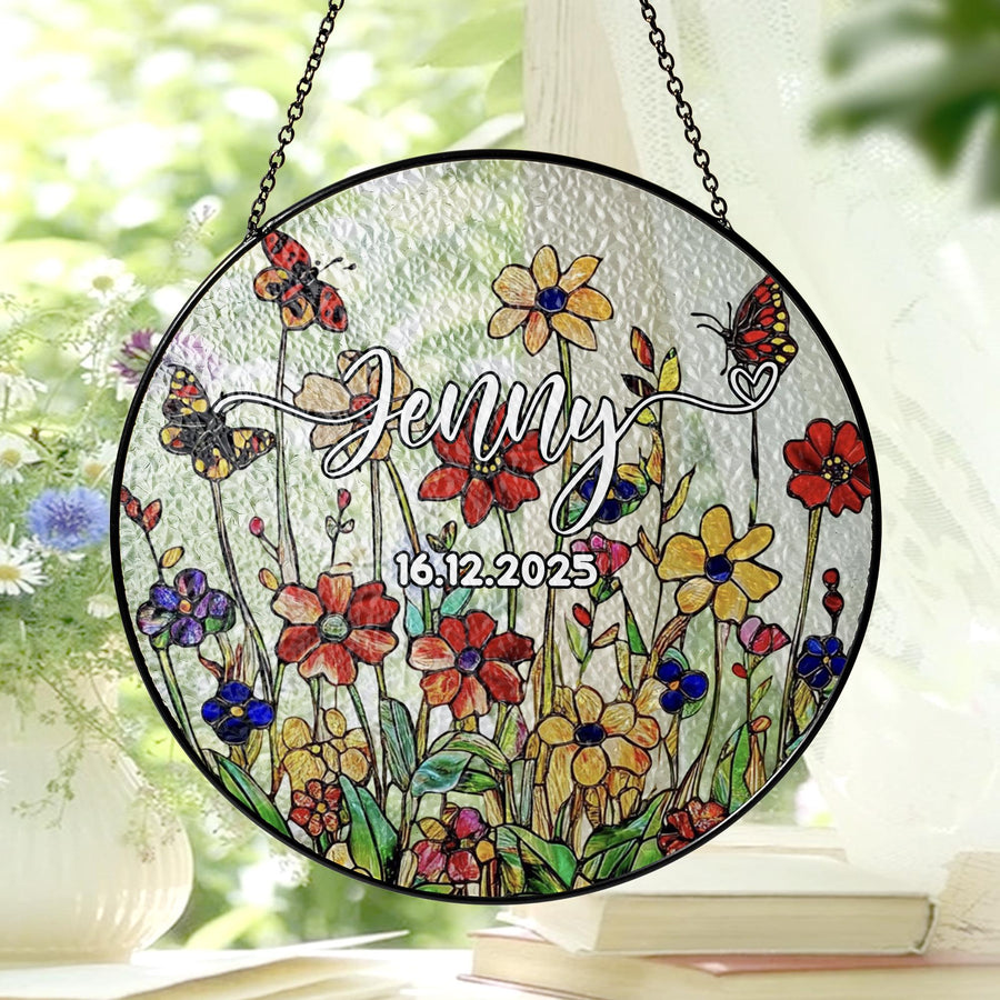 Custom Glass Suncatcher Personalized Name Date Memorial Floral Window Hanging Ornament Gift Butterfly Wildflower Keepsake Home Decor - main product image