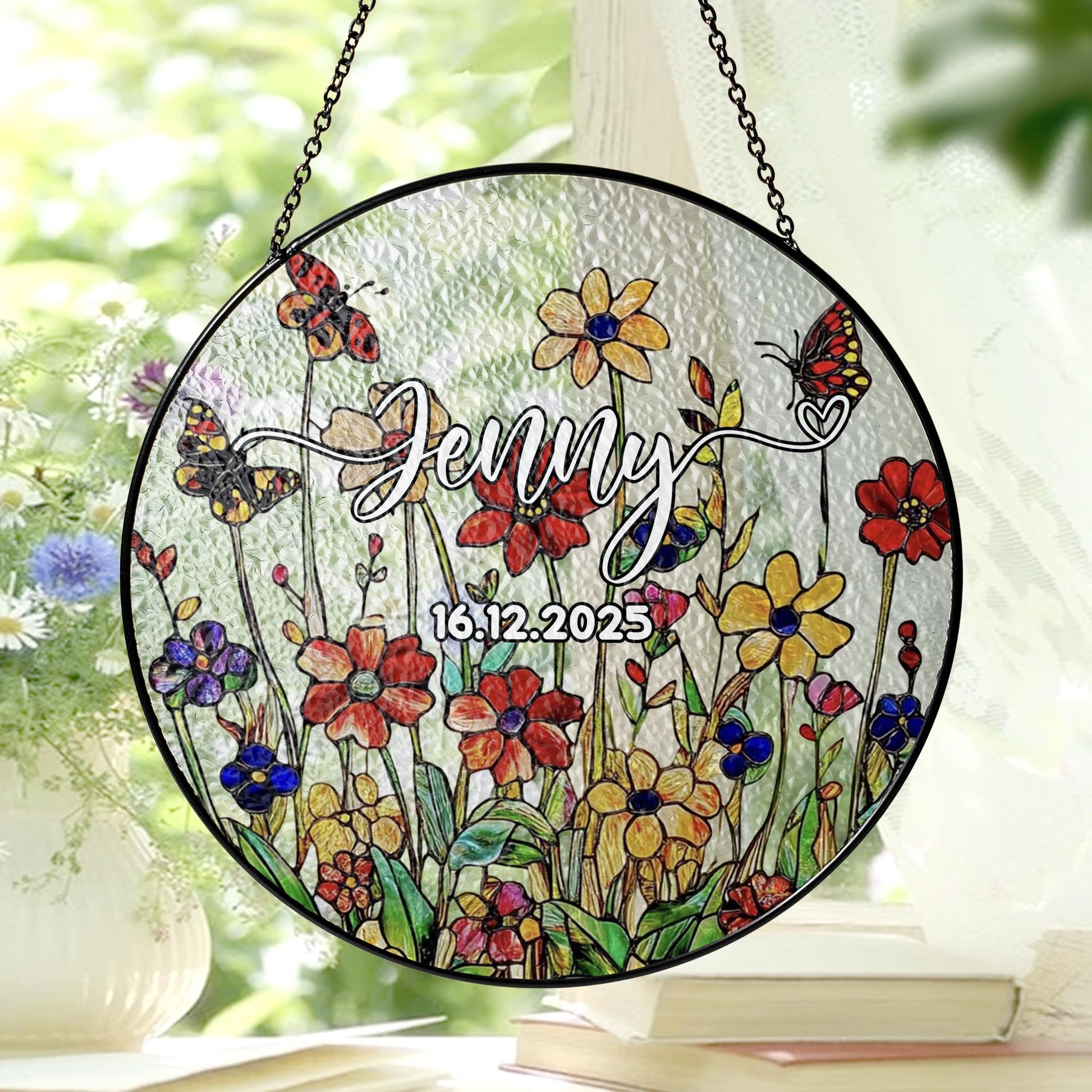 Custom Glass Suncatcher Personalized Name Date Memorial Floral Window Hanging Ornament Gift Butterfly Wildflower Keepsake Home Decor - main product image