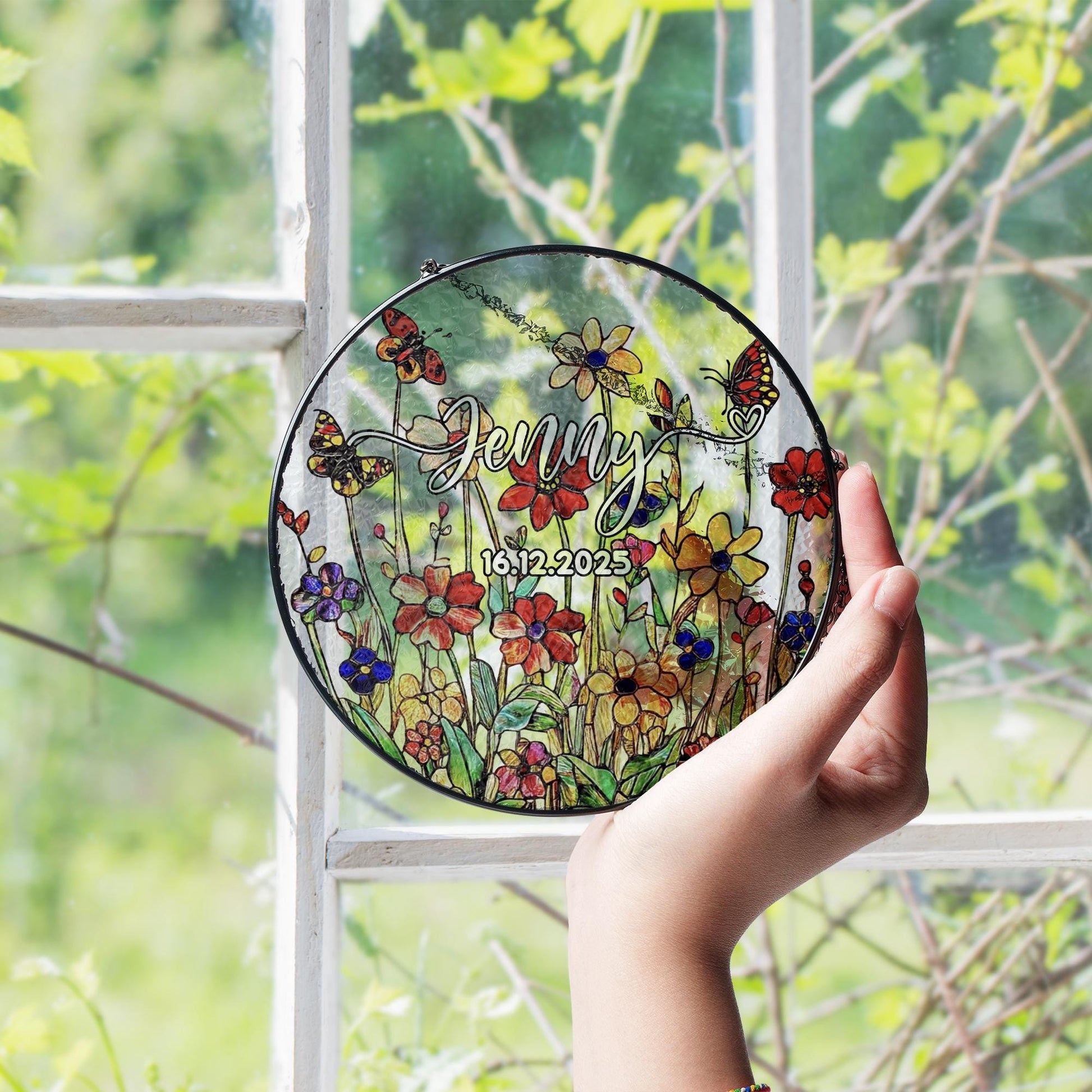 Custom Glass Suncatcher Personalized Name Date Memorial Floral Window Hanging Ornament Gift Butterfly Wildflower Keepsake Home Decor - product image 3