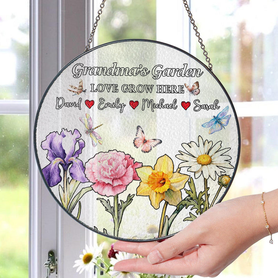 Custom Grandma Garden Glass Suncatcher Personalized Family Names Floral Butterfly Window Hanging Ornament Gift for Mom Nana Mother’s Day - main product image