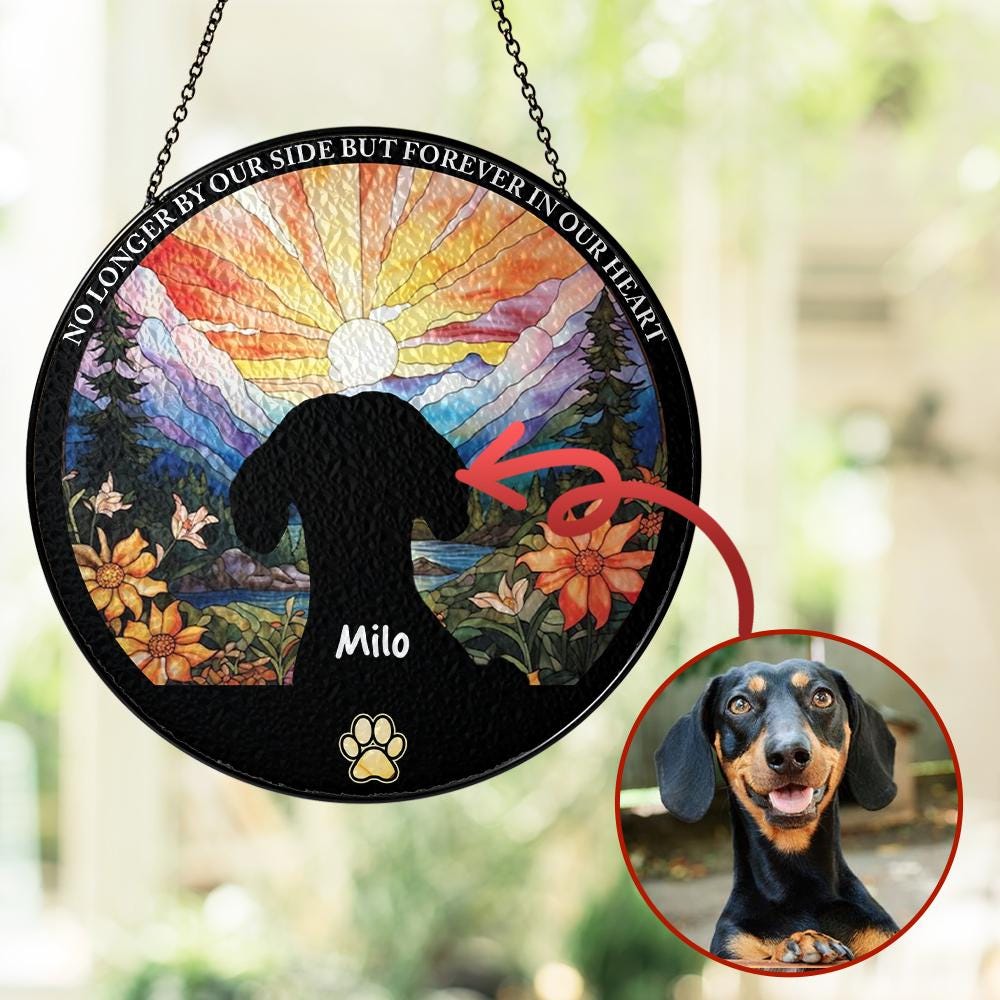 Custom Pet Memorial Suncatcher Glass, Personalized Dog Loss Gift, Rainbow Bridge Remembrance, Pet Sympathy Window Hanging Decor - main product image