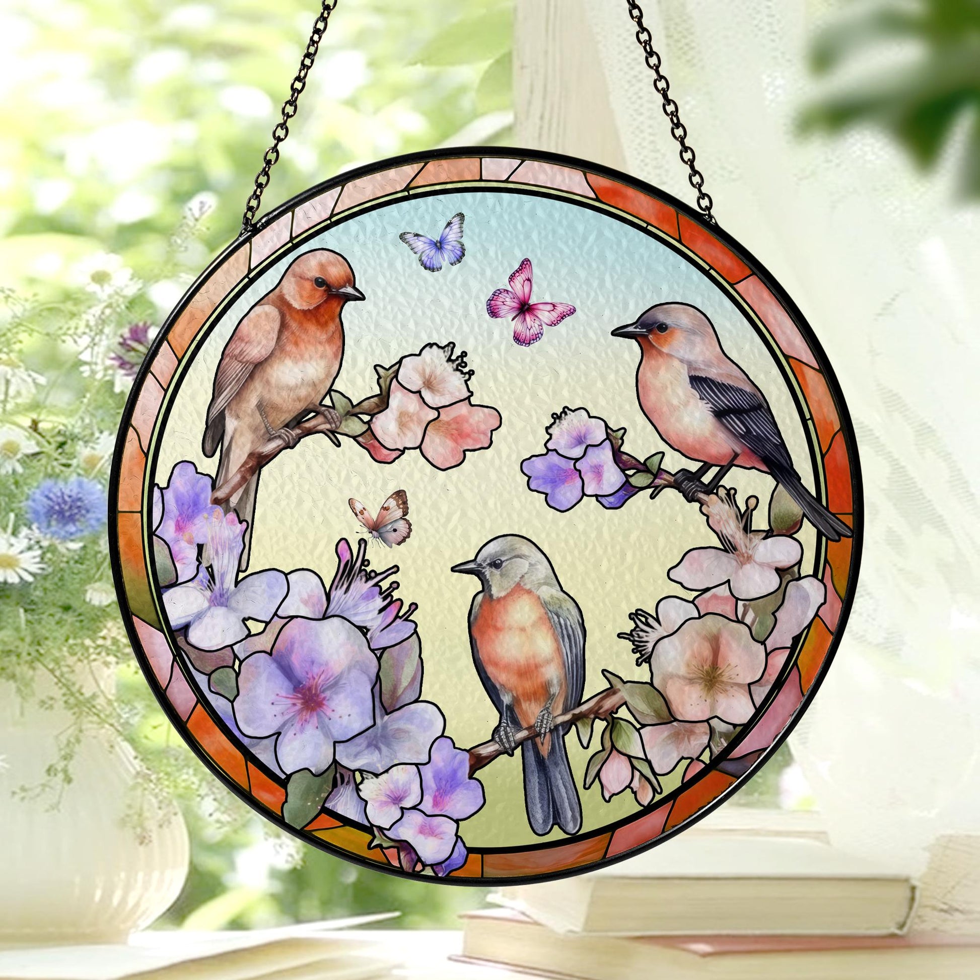 Bird Floral Glass Suncatcher Window Sun Catcher Hanging Stained Glass Style Ornament Nature Garden Decor Home Art Gift - main product image