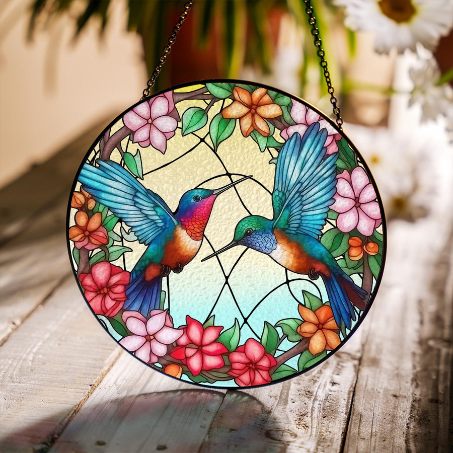 Hummingbird Stained Glass Suncatcher Floral Window Hanging | Colorful Bird Sun Catcher Gift for Mom, Nature Lover, Memorial Decor - main product image