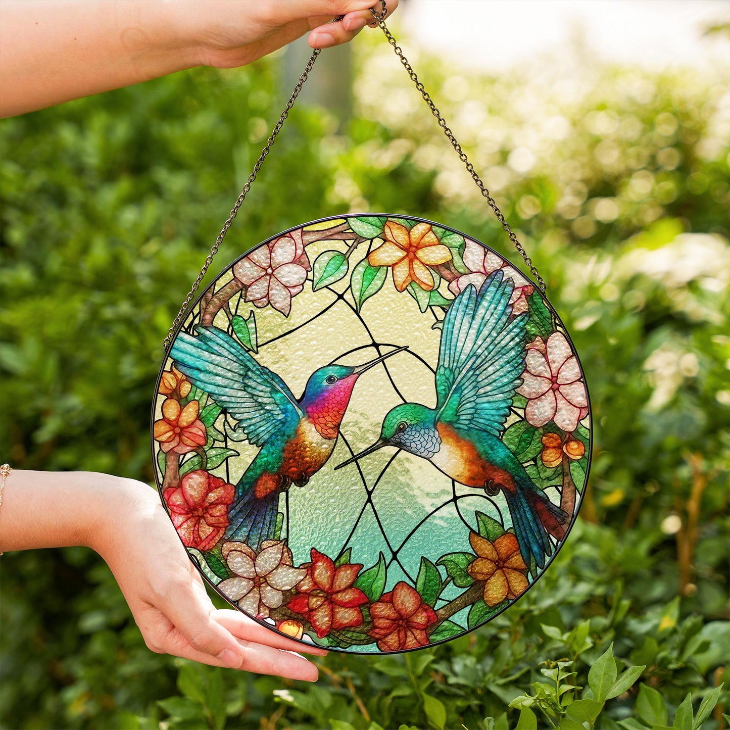 Hummingbird Stained Glass Suncatcher Floral Window Hanging | Colorful Bird Sun Catcher Gift for Mom, Nature Lover, Memorial Decor - product image 3