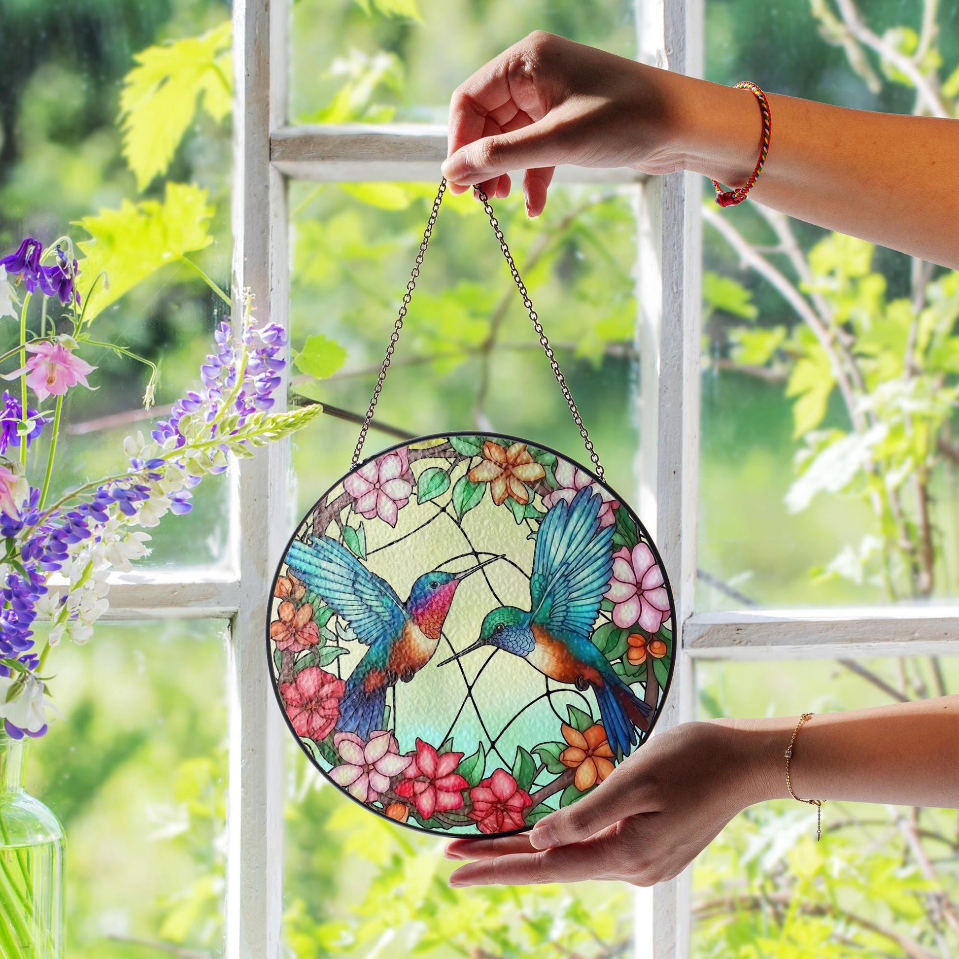 Hummingbird Stained Glass Suncatcher Floral Window Hanging | Colorful Bird Sun Catcher Gift for Mom, Nature Lover, Memorial Decor - product image 7
