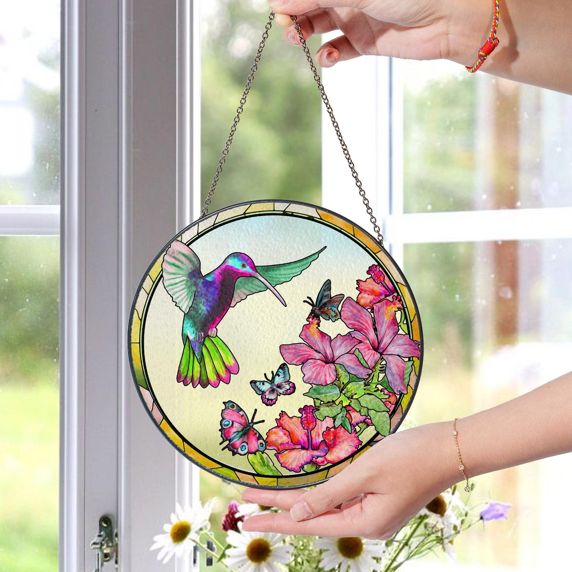 Hummingbird Stained Glass Window Hanging Decor, Floral Sun Catcher Ornament, Spring Garden Gift, Colorful Butterfly Suncatcher - main product image