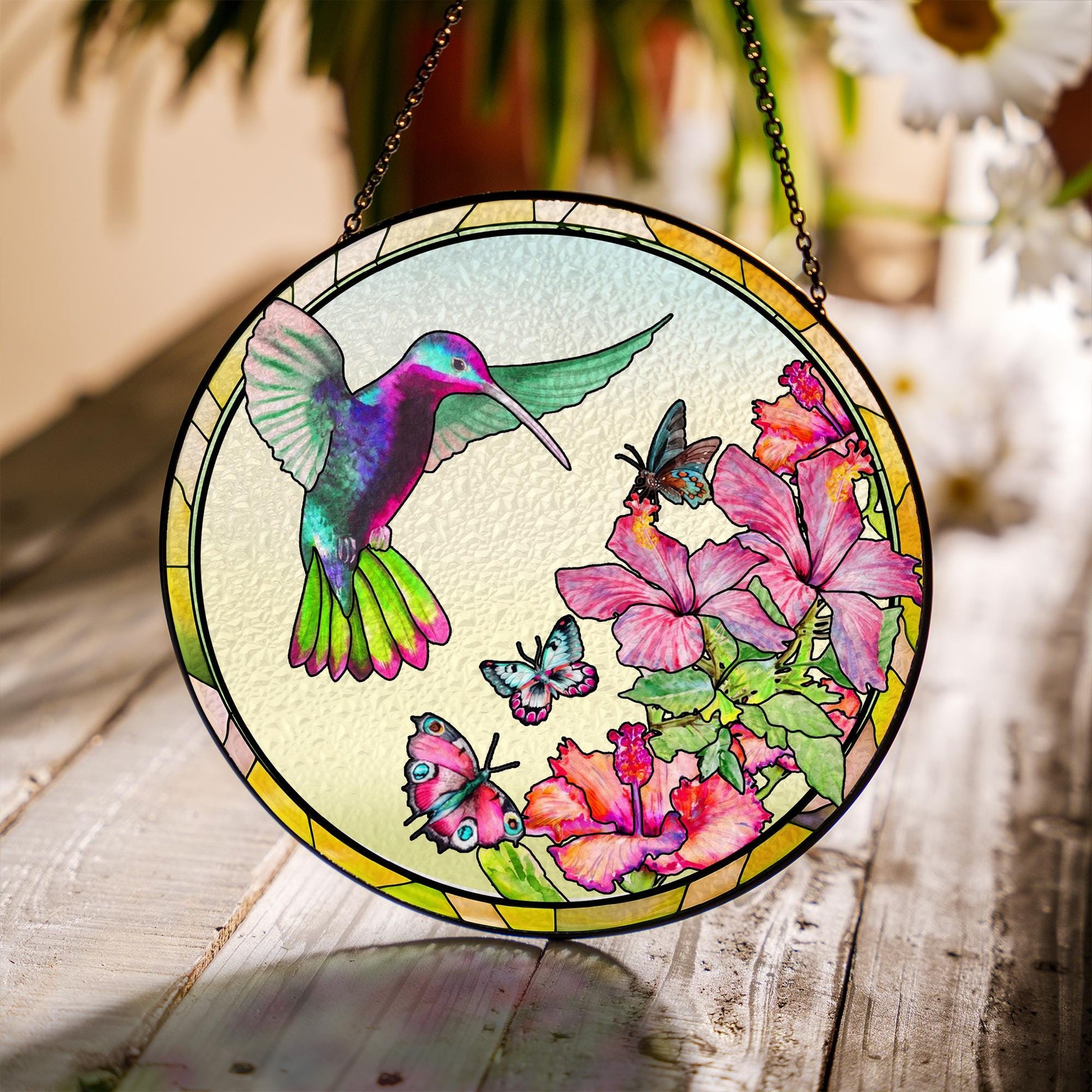 Hummingbird Stained Glass Window Hanging Decor, Floral Sun Catcher Ornament, Spring Garden Gift, Colorful Butterfly Suncatcher - product image 2
