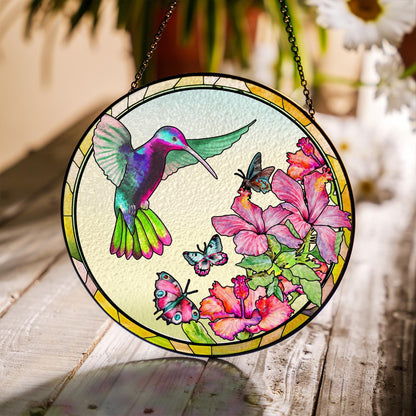 Hummingbird Stained Glass Window Hanging Decor, Floral Sun Catcher Ornament, Spring Garden Gift, Colorful Butterfly Suncatcher - product image 2