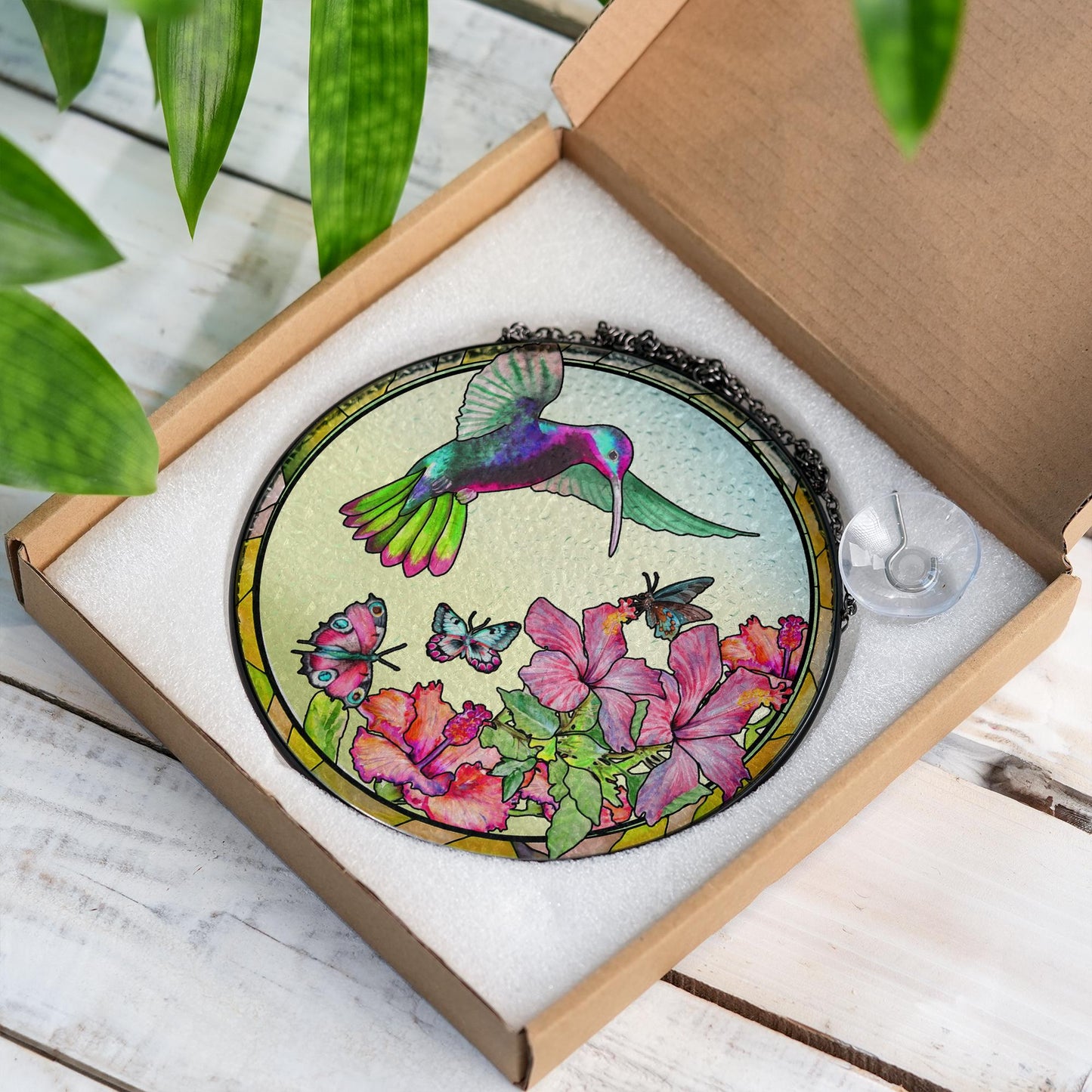 Hummingbird Stained Glass Window Hanging Decor, Floral Sun Catcher Ornament, Spring Garden Gift, Colorful Butterfly Suncatcher - product image 3