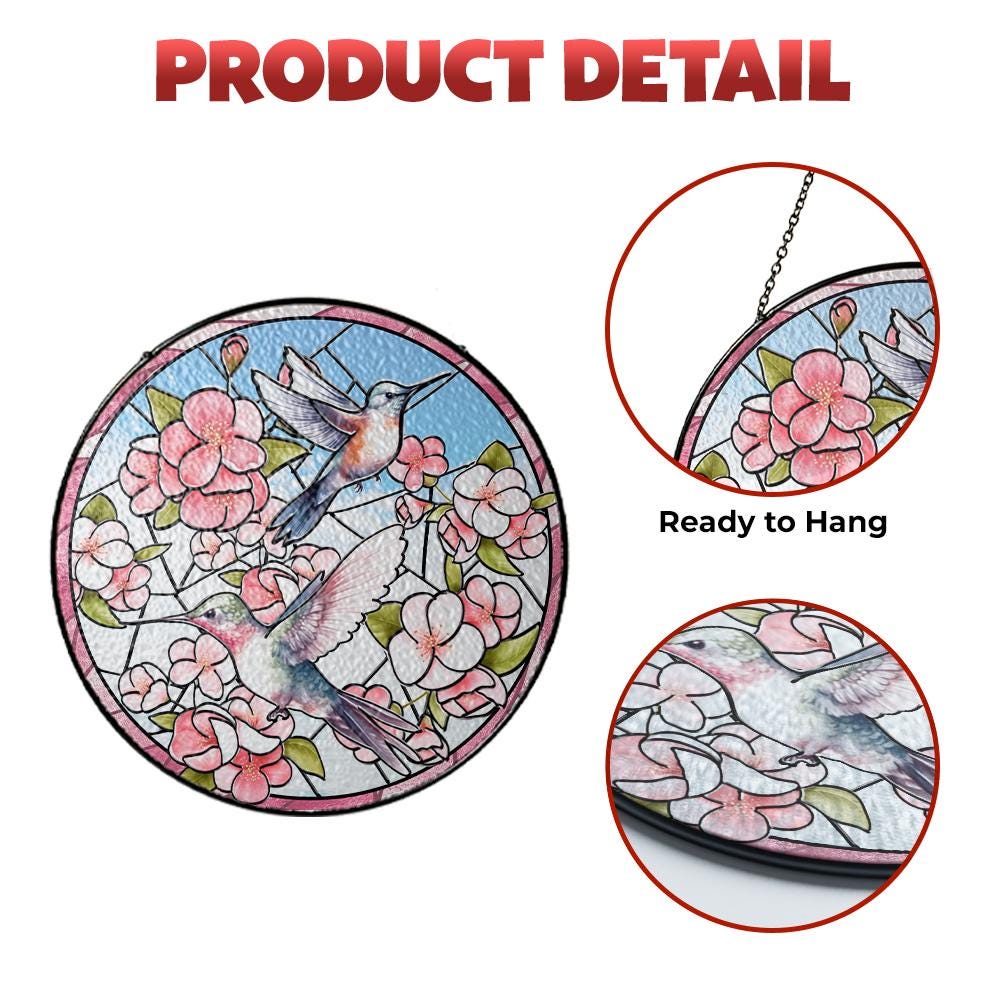Hummingbird Floral Stained Glass Suncatcher, Window Hanging Decor, Garden Bird Art, Spring Nature Gift, Butterfly Flower Panel - product image 3