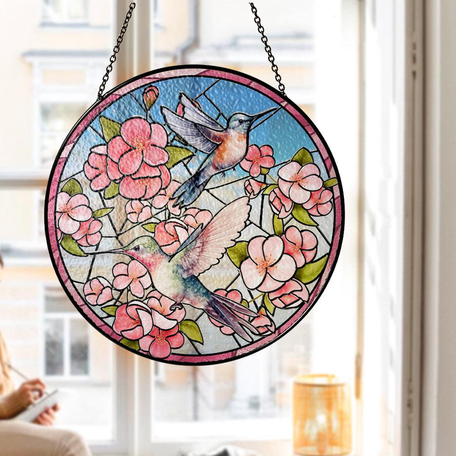 Hummingbird Floral Stained Glass Suncatcher, Window Hanging Decor, Garden Bird Art, Spring Nature Gift, Butterfly Flower Panel - main product image