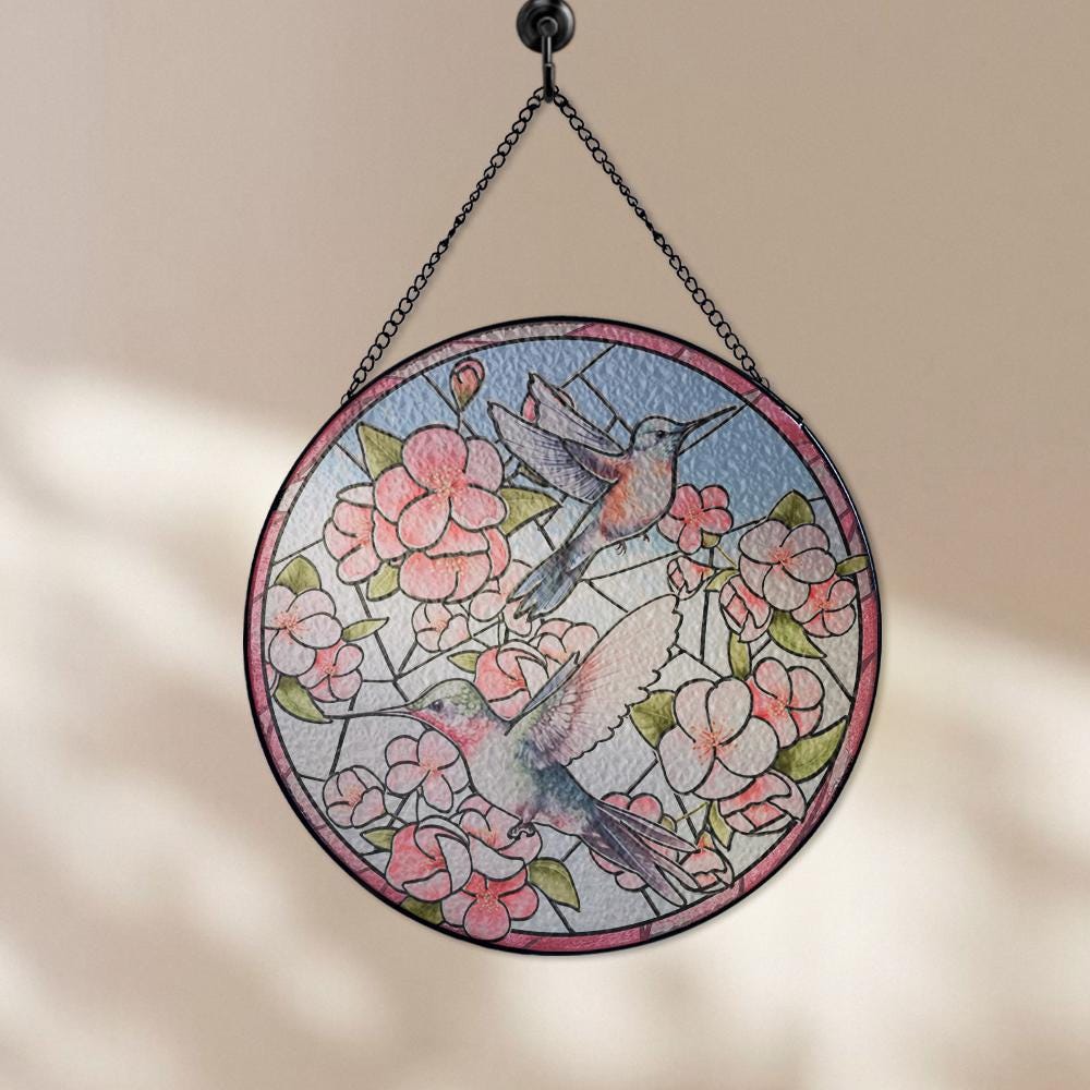 Hummingbird Floral Stained Glass Suncatcher, Window Hanging Decor, Garden Bird Art, Spring Nature Gift, Butterfly Flower Panel - product image 8